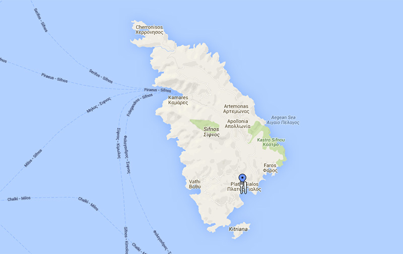 L'emplacement des Cyclades Beach sur la carte de Sifnos